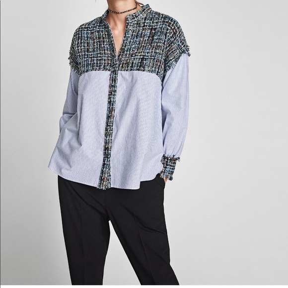 Zara Tops - Combined blue and white Striped Tweed Shirt from ZARA